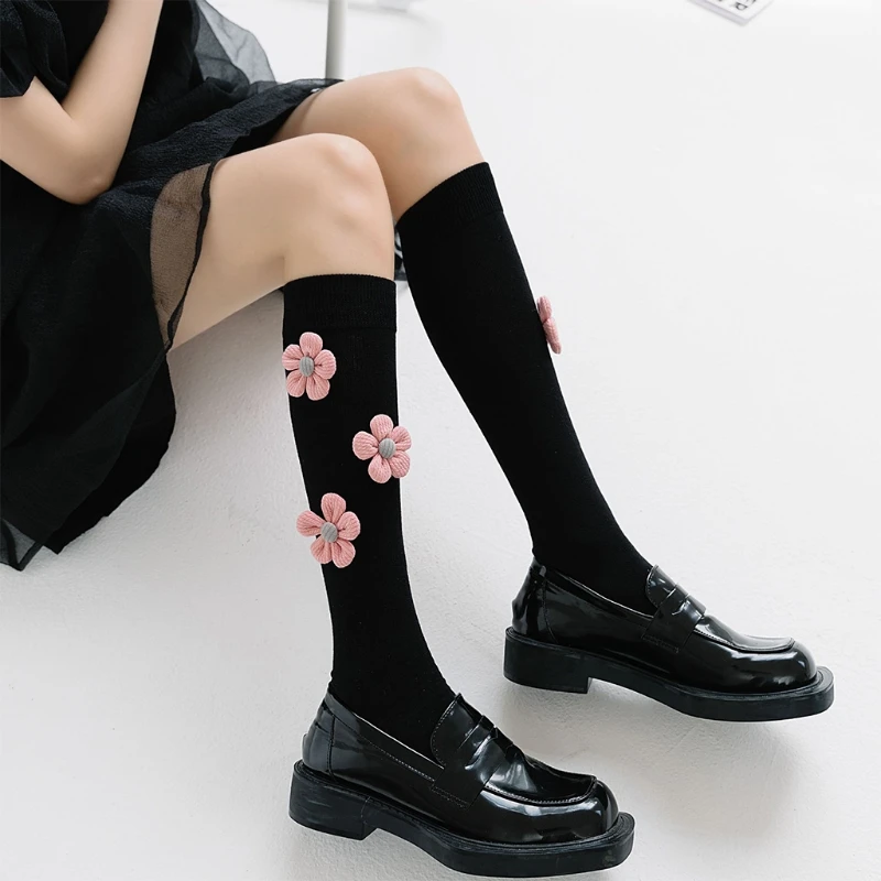 Women Cotton Knee High Socks Cute 3D Knit Pink Flower Student Stockings