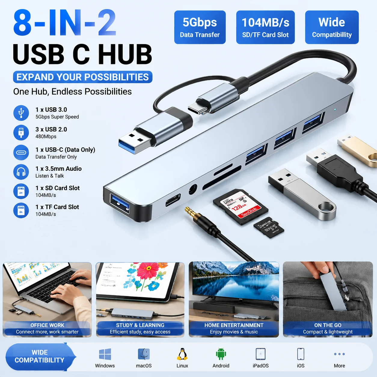8 in 2   USB Type C Hub Docking Station with 3.5mm Audio Jack Micro SD Card Reader for Laptop Tablet Phone Disk Converter