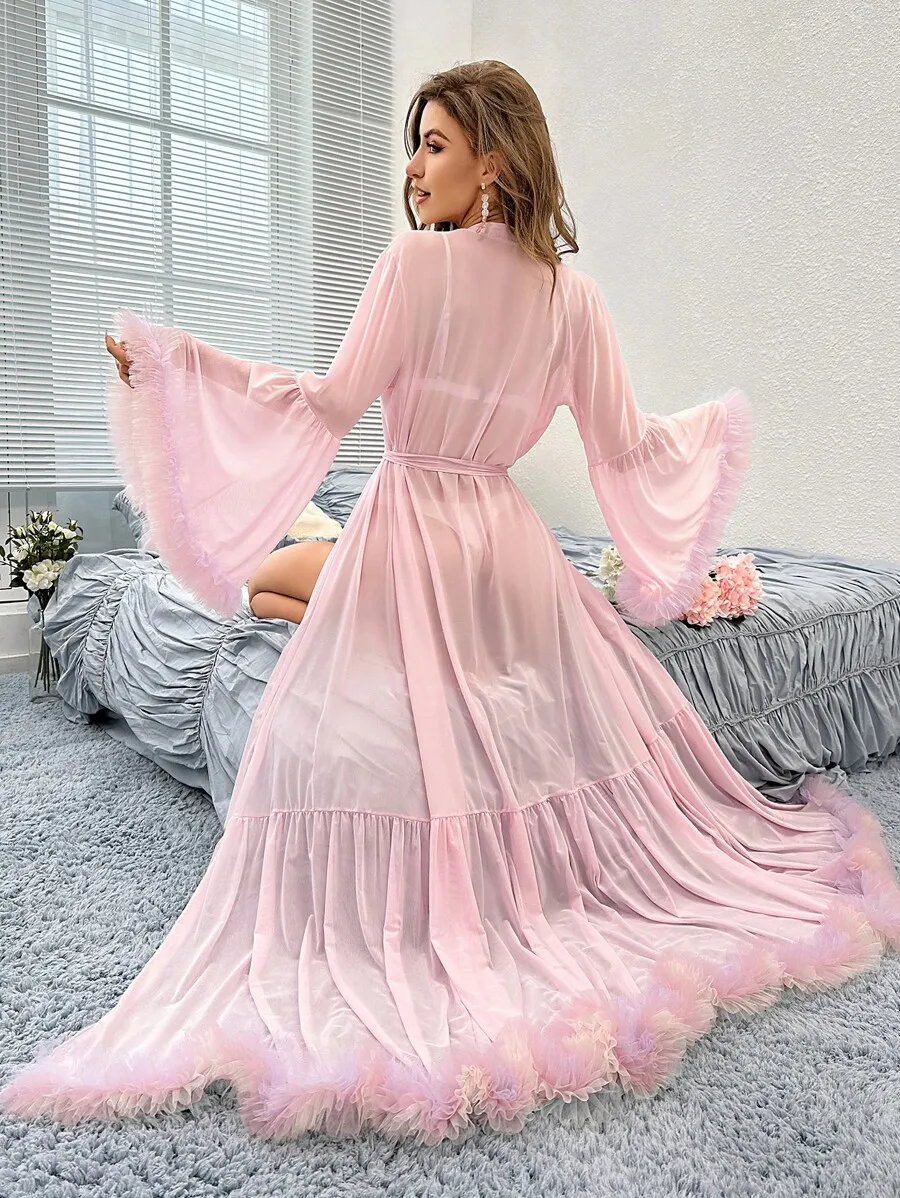

Pink Mesh Robe With Ruffle Trim Trumpet Sleeve Belted Long Nightgown For Women