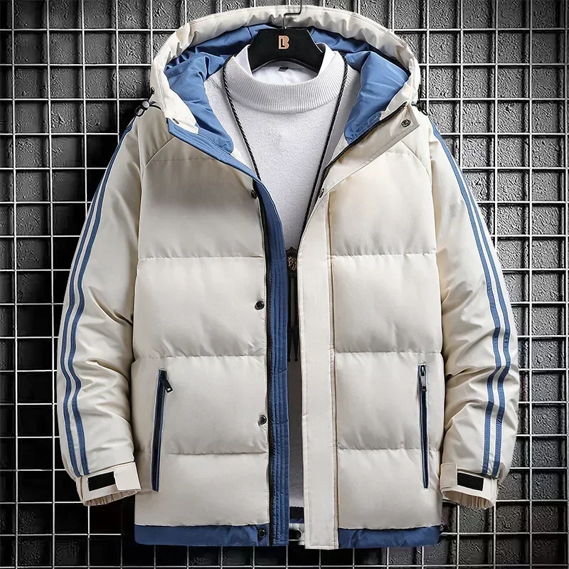 Men's double-striped leather jacket, warm cotton thick hooded casual coat, Korean and Japanese style, new winter model