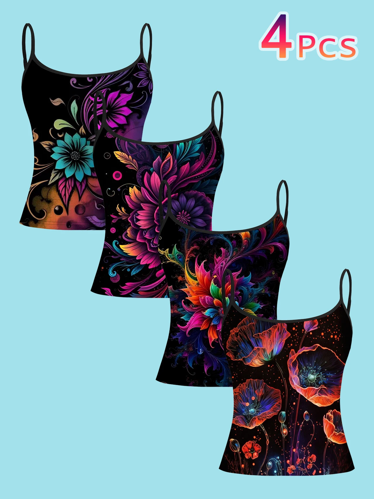 4-Piece Set of Women's Spaghetti Strap Camisoles, Black Base with Neon Colorful Floral Print, Slim-Fit Sleeveless Tops, Asian Style Outerwear and Inner Layering Shirts