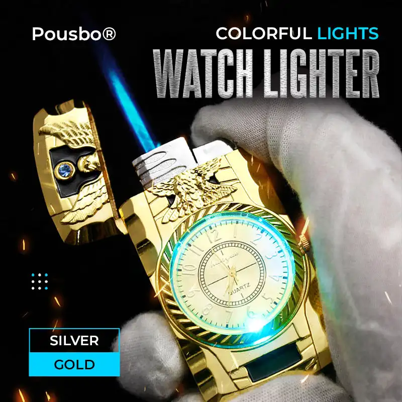 Colorful Lights Watch Lighter Metal Gas Lighter Adjustable Flame Windproof Fashion Luminous Watch Dial LED Lighting Inflatable