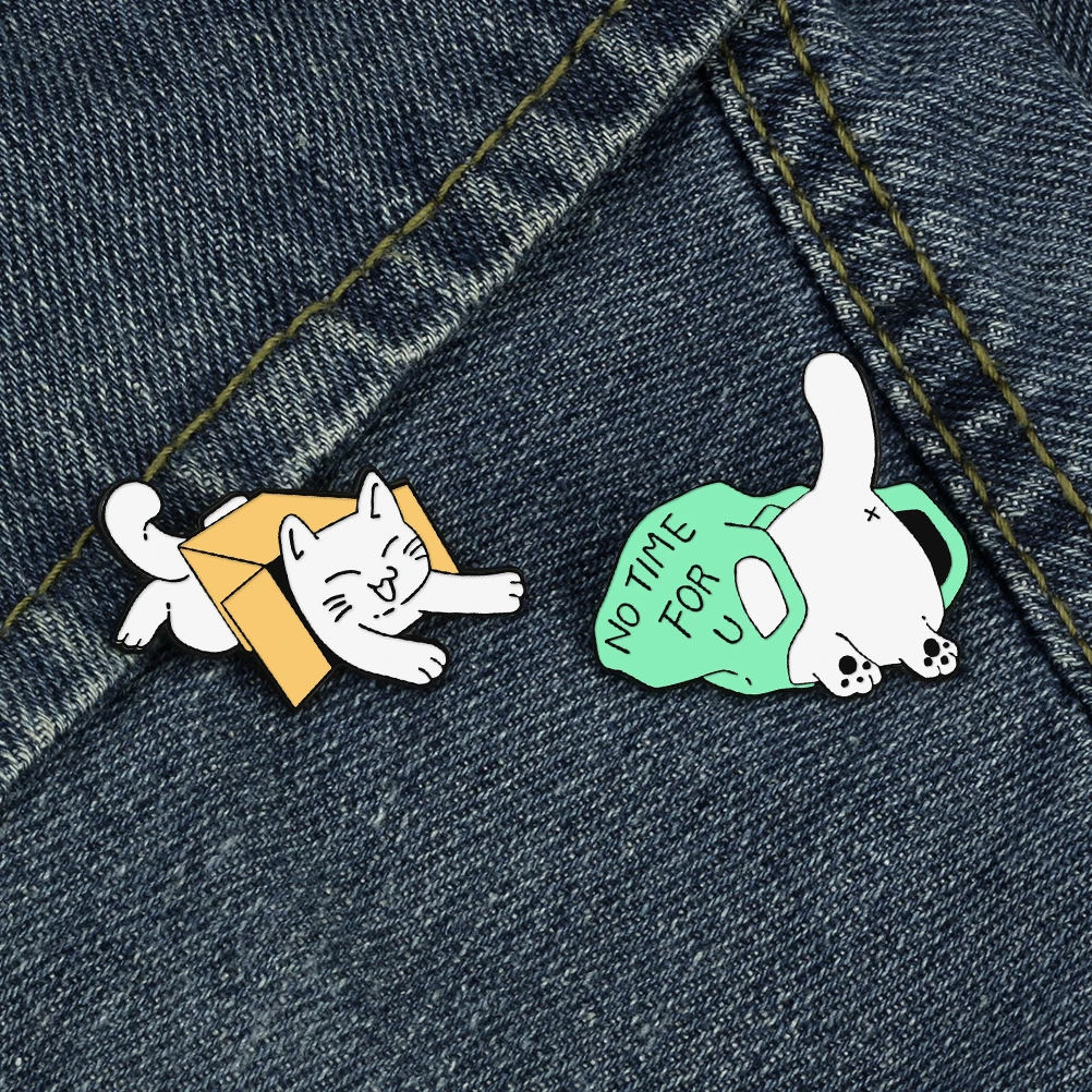 Naughty Cartoon Cat Brooch White kitten In Box Bag Enamel Pin Funny Animal Badge Jewelry Shirt Lapel Pins Gift for Kids Friends image 2