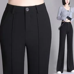 Korean Fashion New Elegance Simple Straight Flare Pants Women Solid Button Zipper Pocket Summer Elastic Suit Wide Leg Trousers