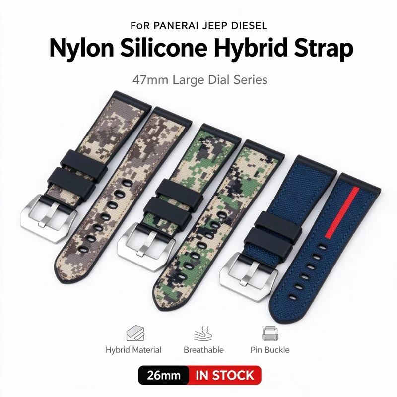 Nylon Silicone Hybrid Strap 26mm for Panerai PAM00753 Jeep Diesel 47mm Camo Blue Pin Buckle Sport Men's Replacement Watch Band