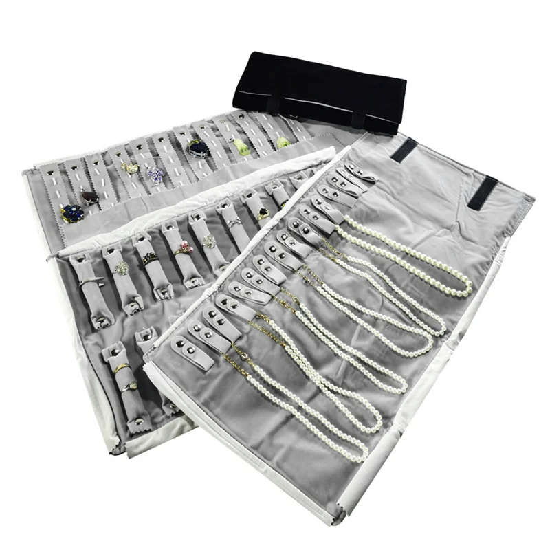 

Black Velvet outside grey inside Travel Jewelry Organizer Roll Bag Portable Handmade Pouch for Rings Necklace Bracelets Earrings