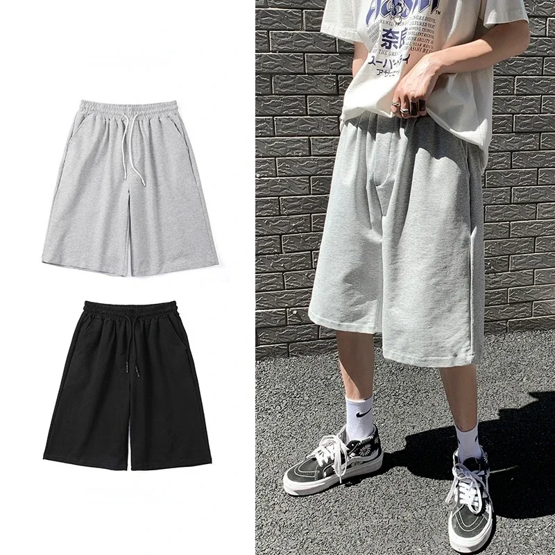 Summer New Korean Straight Casual Shorts Men Clothing Oversized Solid Color Simple Drawstring Baggy Male Sweatpants Shorts