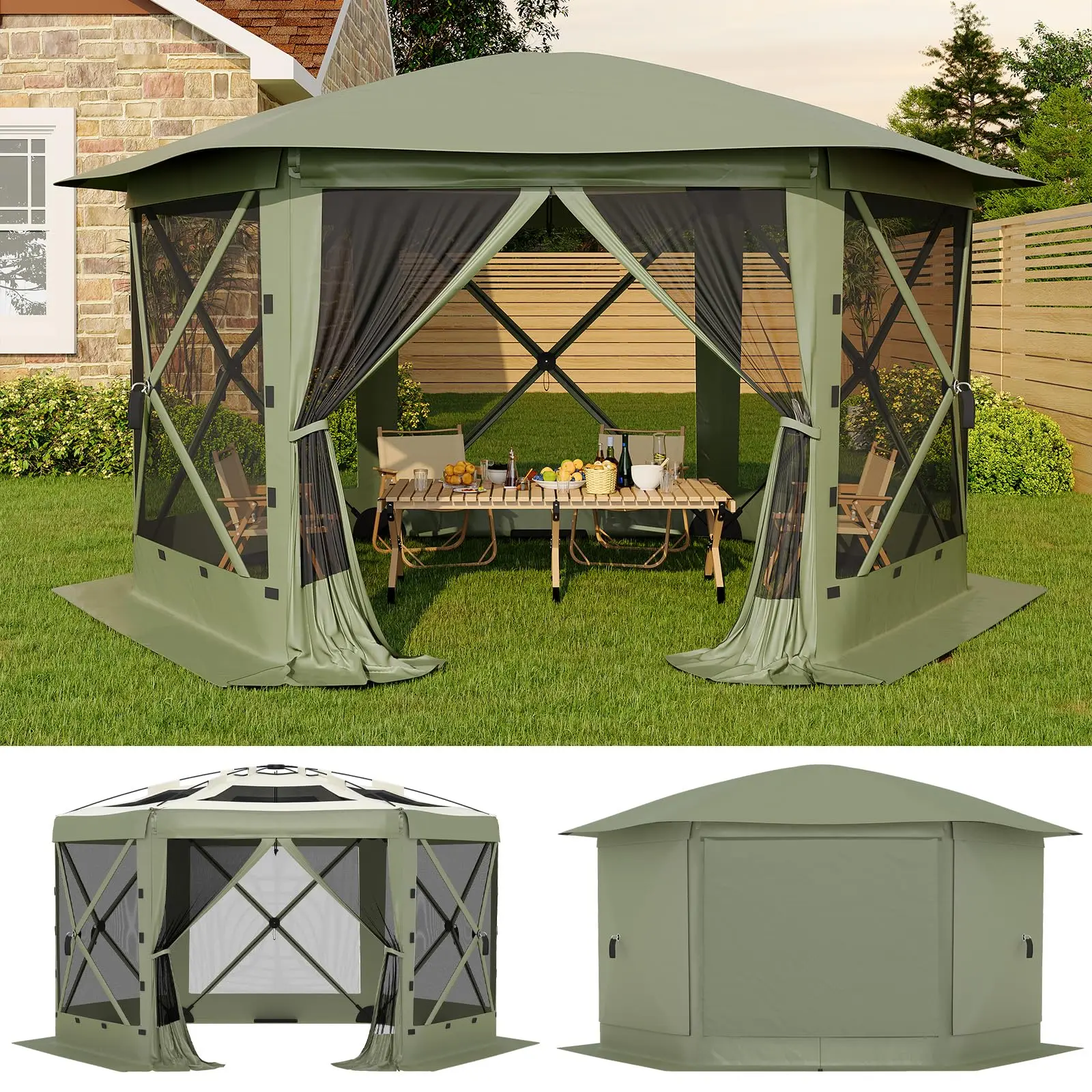 Portable Collapsible Gazebo Screen Tent – 6-Sided, 13FT/11FT, Removable Canopy Top, Bite-Proof Mesh, All-Weather Outdoor Shelter for Camping, Patio, Backyard