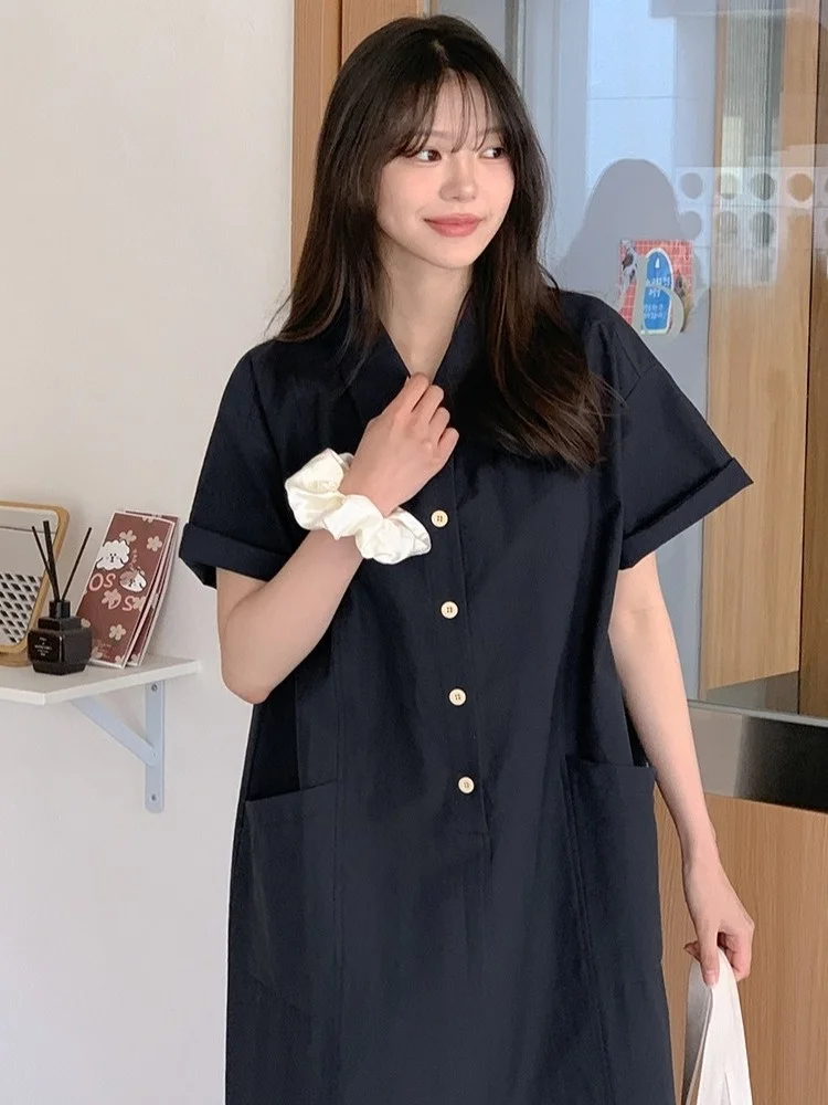 

Dongda Gate Summer Vintage Collar ort Sve Work Skirt Dr Women's Loose Slimming Casual Versatile ket Dr