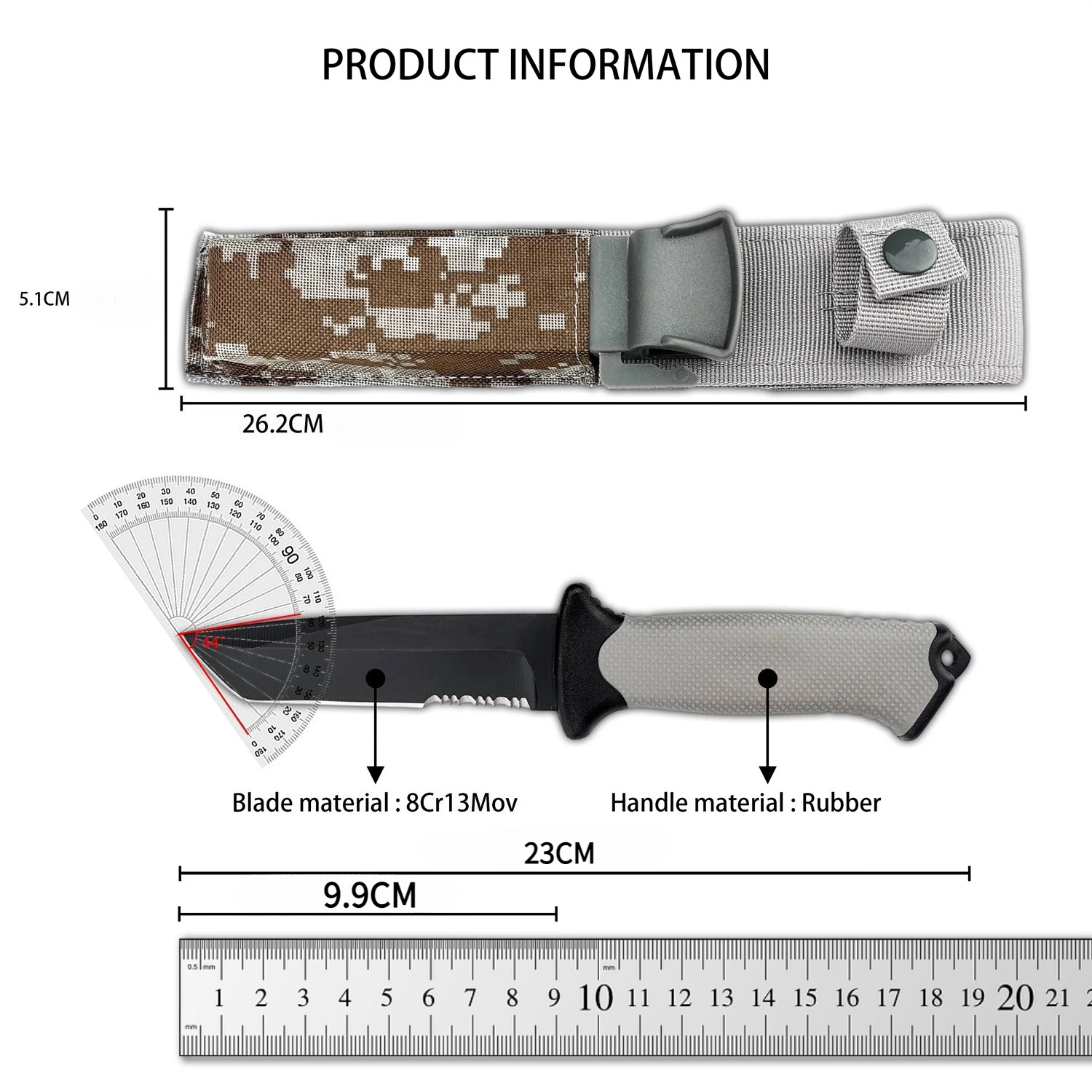 BG-9 Outdoor Carry Tool Knife 8Cr13Mov Serrated Black Fixed Blade Gray Non-slip Rubber Handle Equipped with Protective Sheath view 6