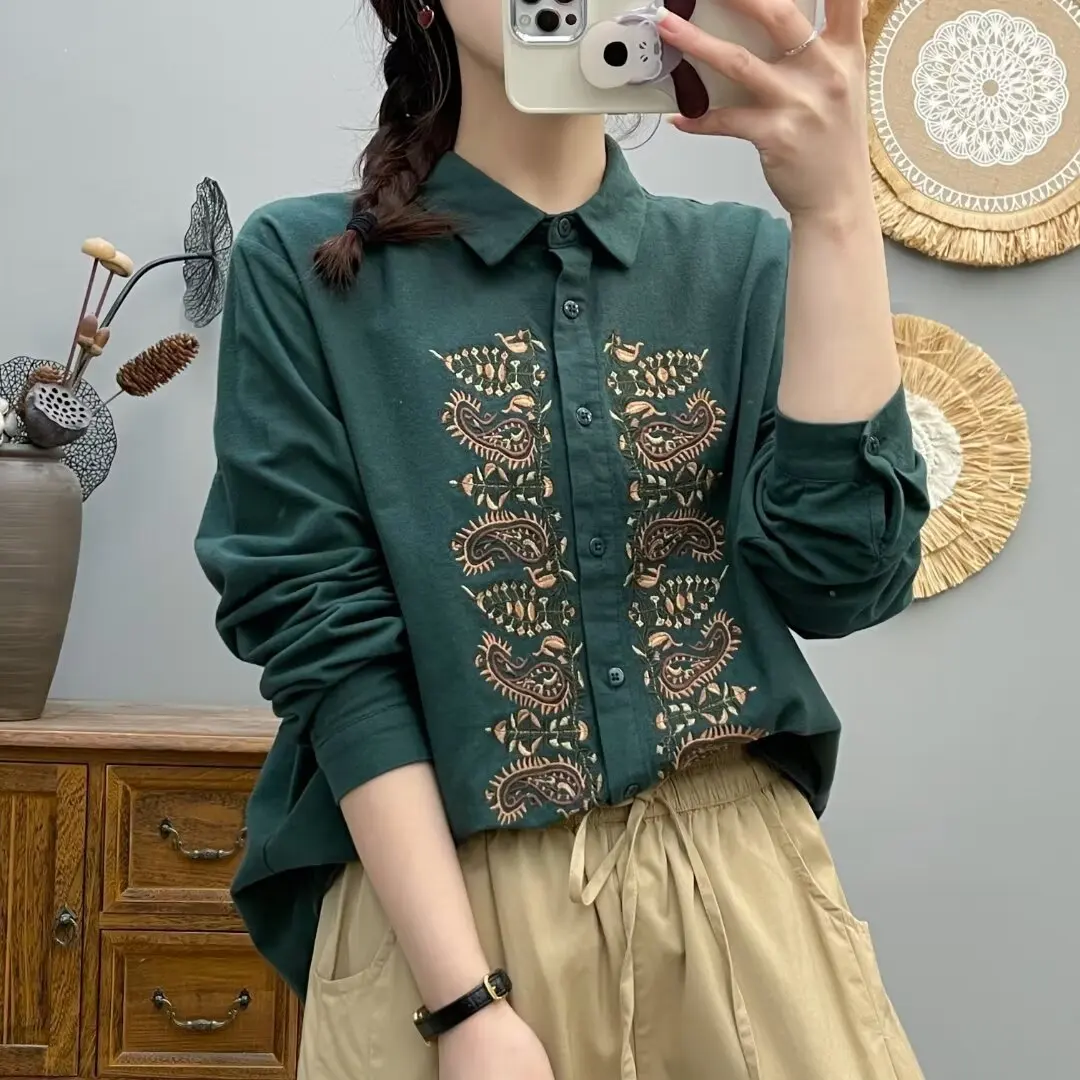 New Spring Cotton Embroidery Shirt Women Lapel Long Sleeve Tops Girl Casual Retro Loose Literature Blouse 2024 Autumn T44338QC