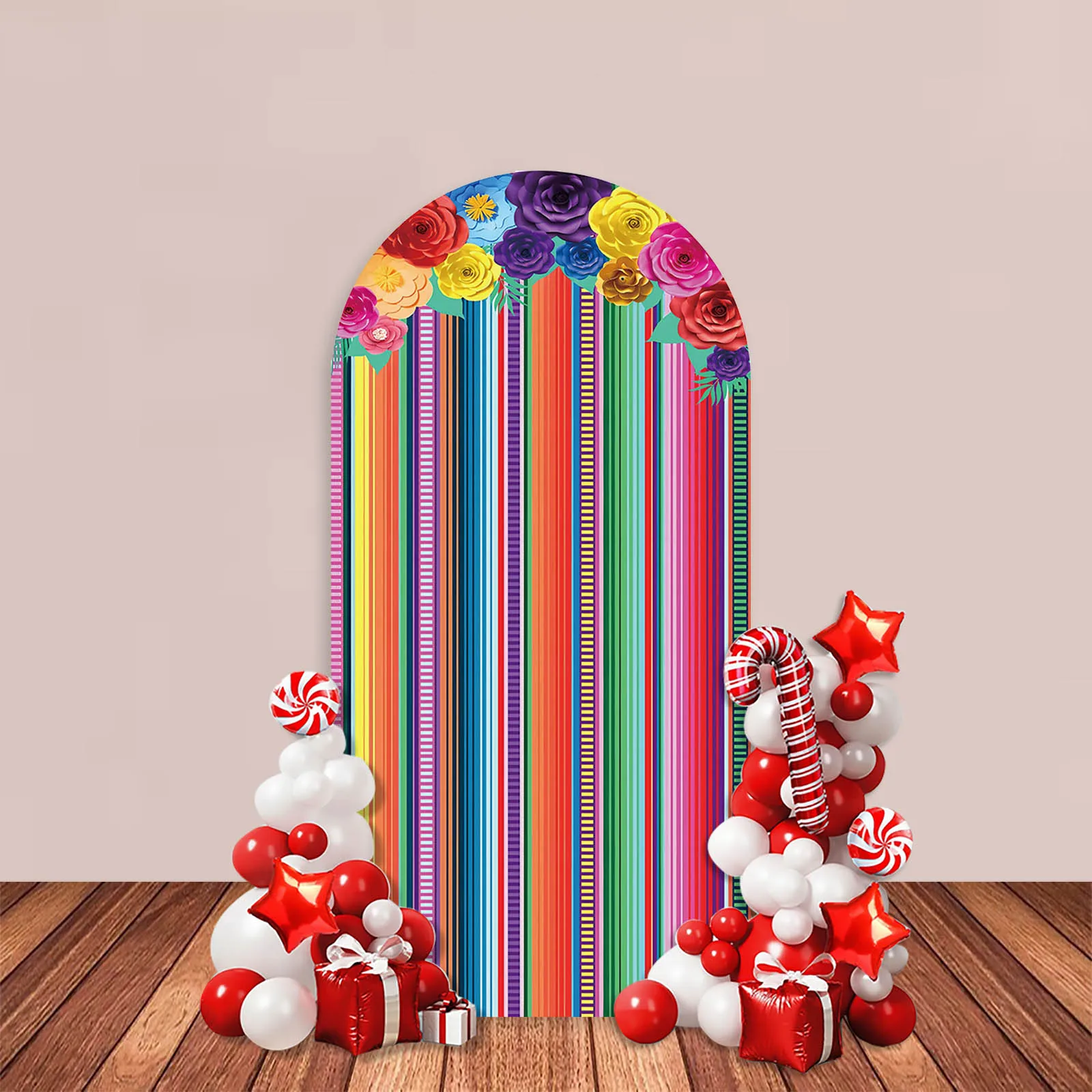 Mexican Rug Stripe Fiesta Arch Backdrop Cover Colorful Flowers Birthday Carnival Party Decor Cake Portrait Photozone Background