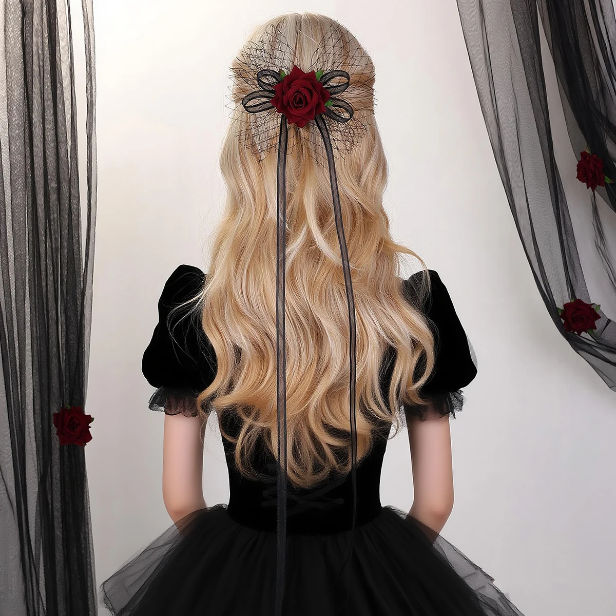 

1 шт., красная роза, свадебные заколки для волос, лоза, свадебные заколки для волос с бантом, лента, аксессуары для волос для вечеринки на Хэллоуин для женщин, подарок