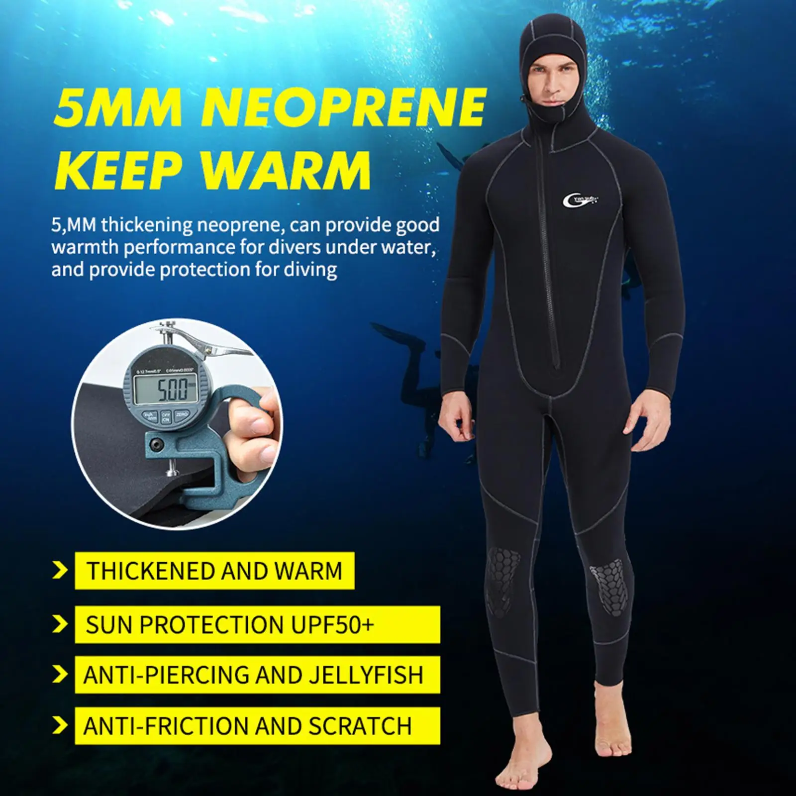 Mono de neopreno con capucha para hombre, traje de baño de 5mm de cuerpo completo para deportes acuáticos, kayak y esnórquel