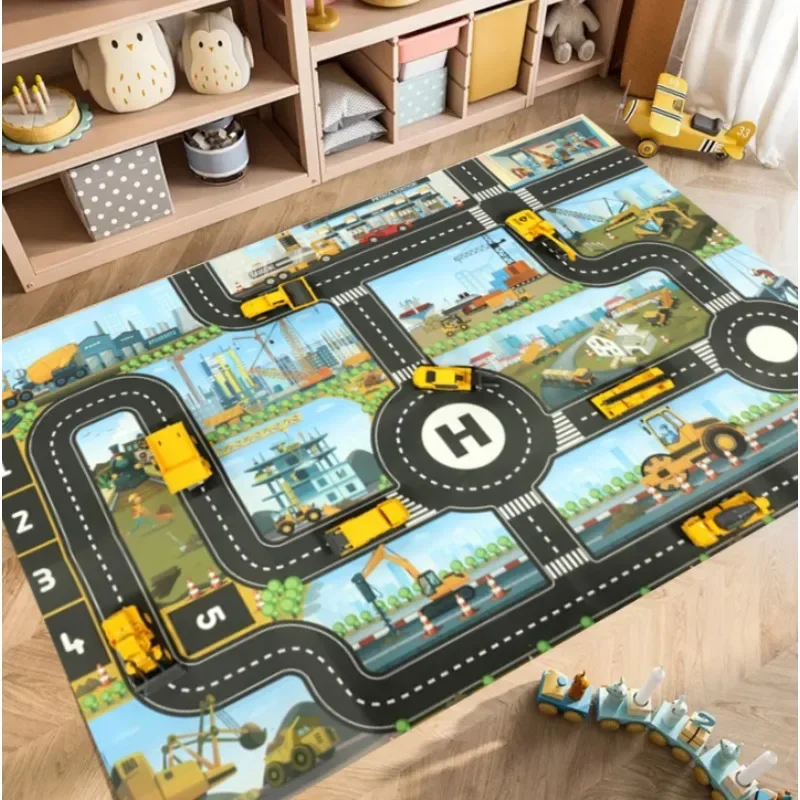 Children's Carpet Map Track Anti Slip Classroom Bedroom Game Room Road Automotive Education Area Carpet Retro Home Decoration