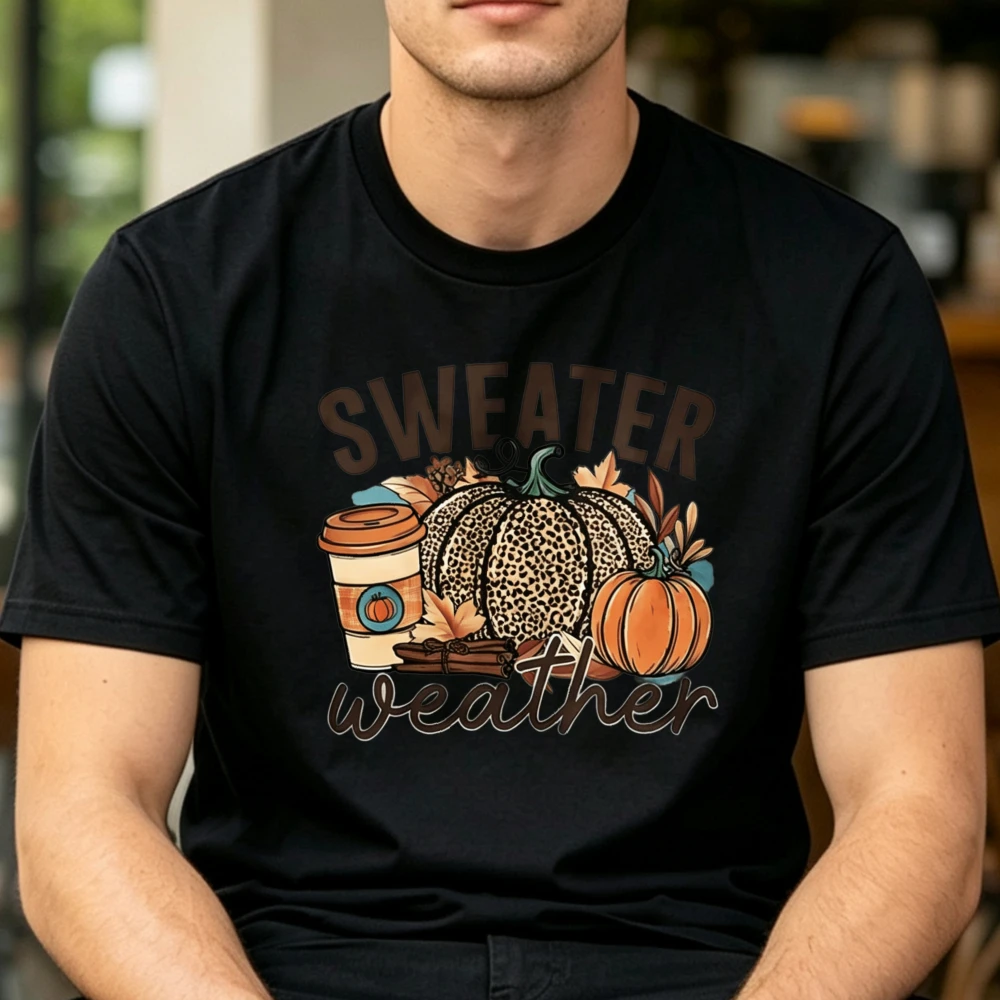 Sweater Weather Halloween Tshirt Leopard Pumpkin Fall Coffee Maple Leaf Graphic Autumn Season Unisex Casual Tees Tops Gift Man