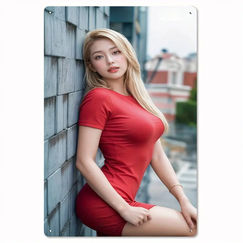 Vintage Metal Wall Art, 2D Aluminum Sign Realistic Female Portrait, Reusable Home Decor for Bedroom Living Room