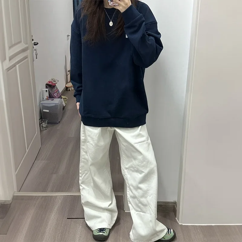White Gray Round neck Hoodie Women Autumn Winter 2025 New Oversize Thicken Sweatshirt Casual Loose Warm Y2K Top Female Pullover