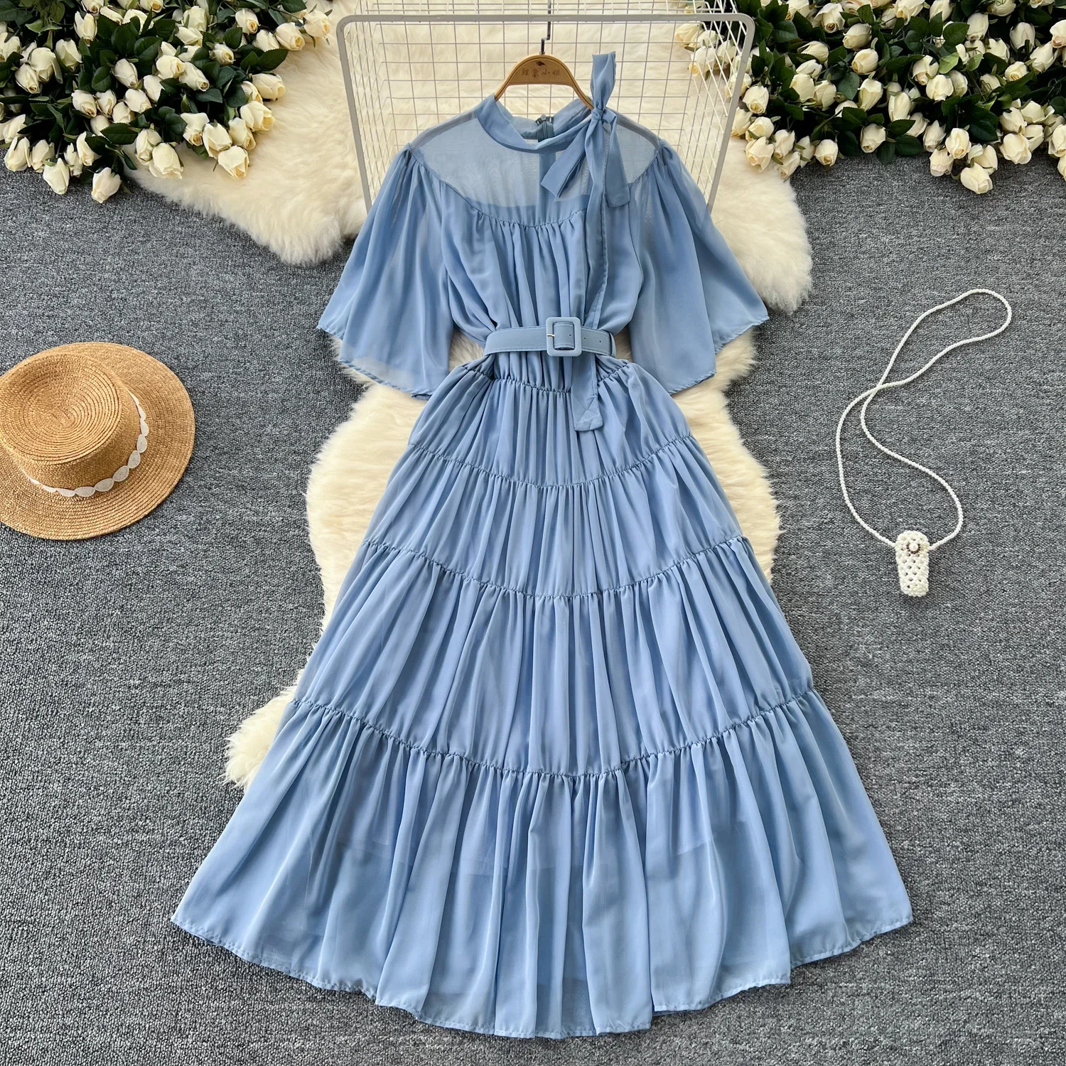 Vintage  Elegant lace-up o neck Flare Sleeve chiffon sweet Dress Women basics Fashion summer Spring dresse