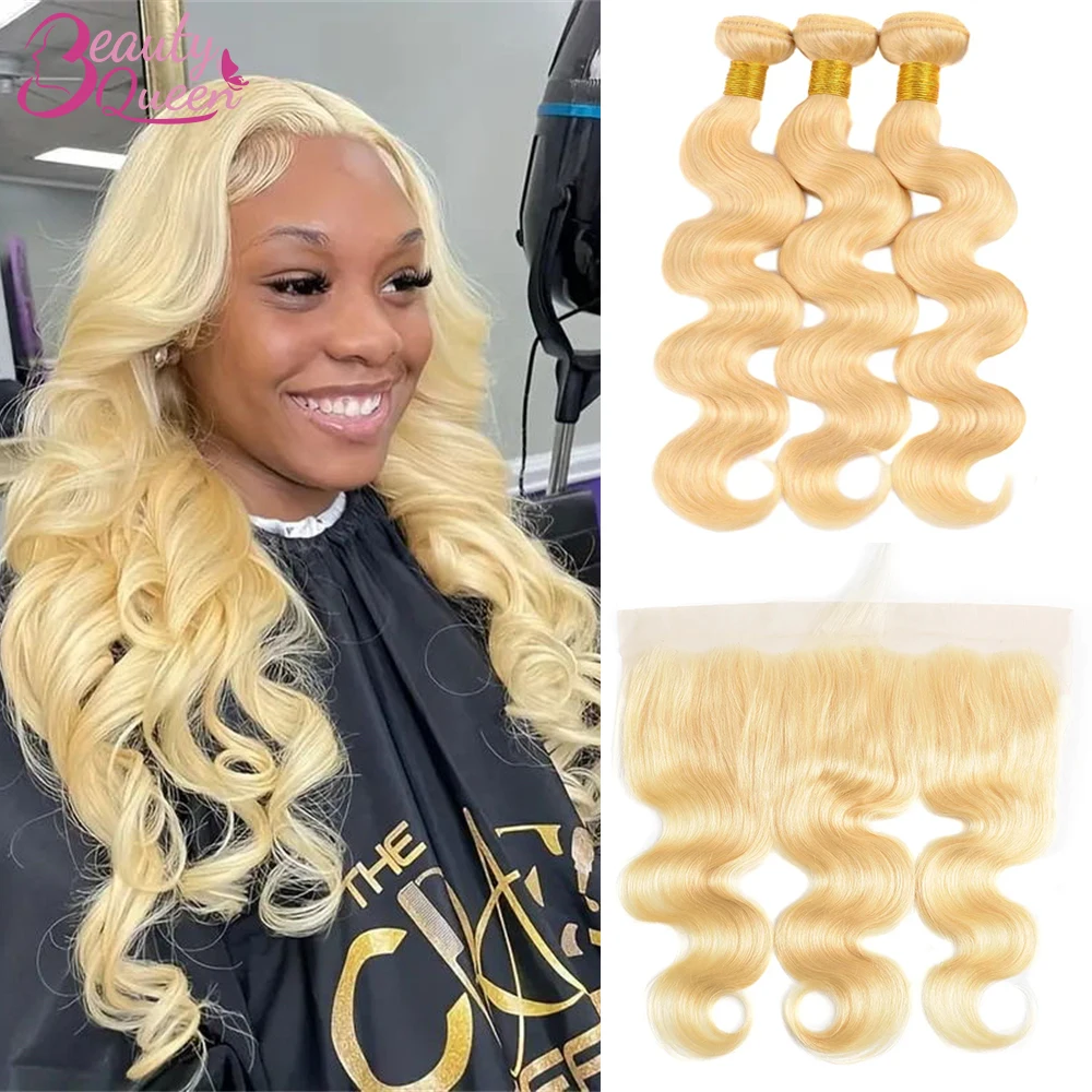 

613 Honey Blonde Body Wave Bundles With Closure Frontal 13x4 Lace Human Hair Weave 3 Bundles Deal Hair Extensions 26 28 30 Inch