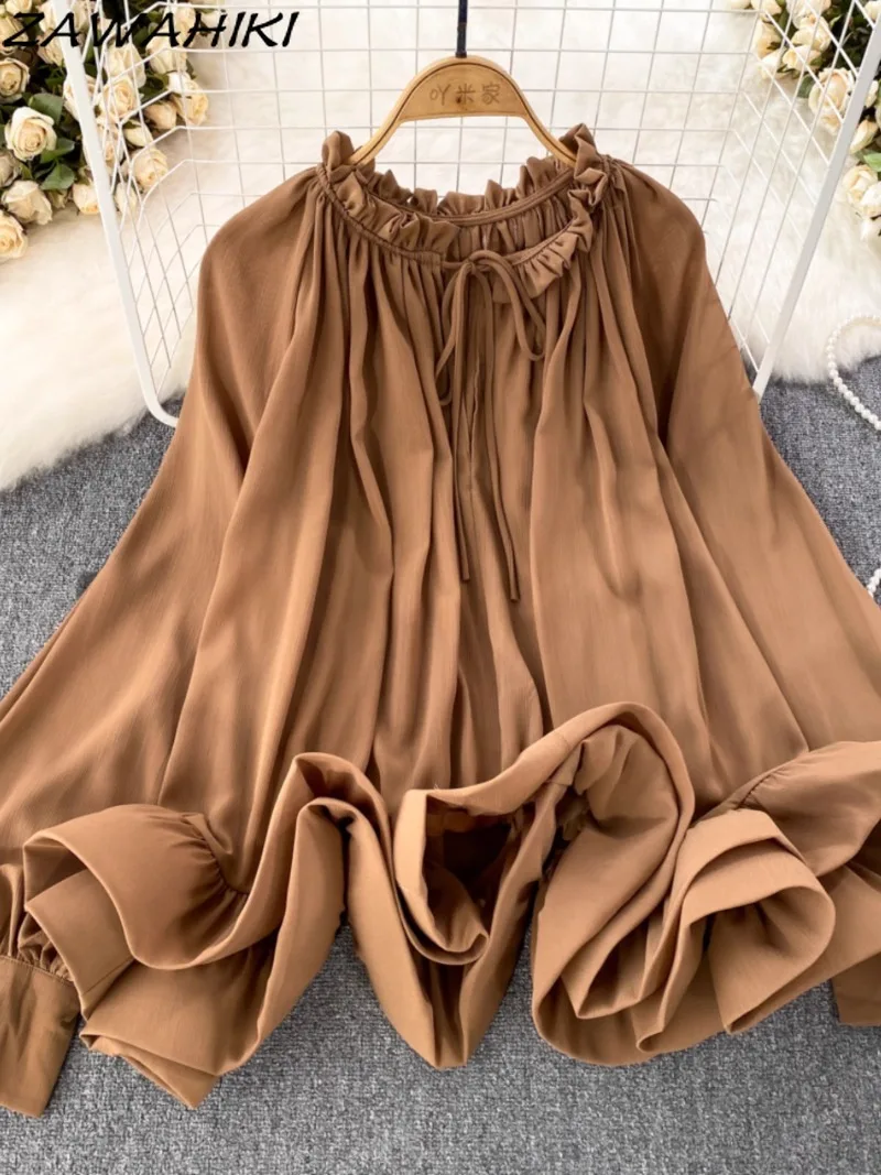 Chiffon Dames Blouse Casual Koreaanse Temperament Top Dames Lantaarn Mouw Losse Ruches Ropa Mujer Trekkoord Effen Vrouwen Shirt