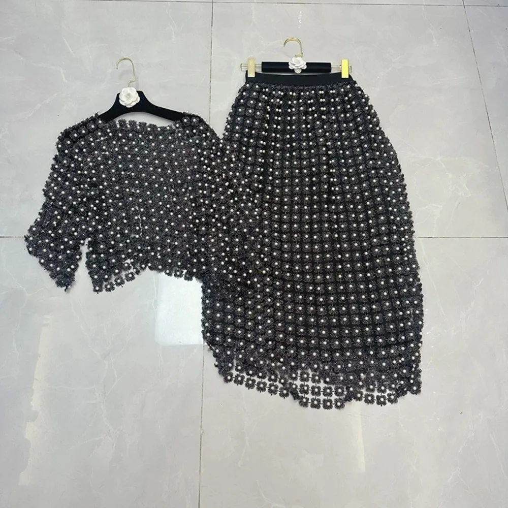 

Лето 2025 г., элегантные французские комплекты из 2 предметов, расшитые бисером, с блестками, круглым вырезом, с короткими рукавами, кружевной топ, юбка с высокой талией, женский комплект из двух предметов