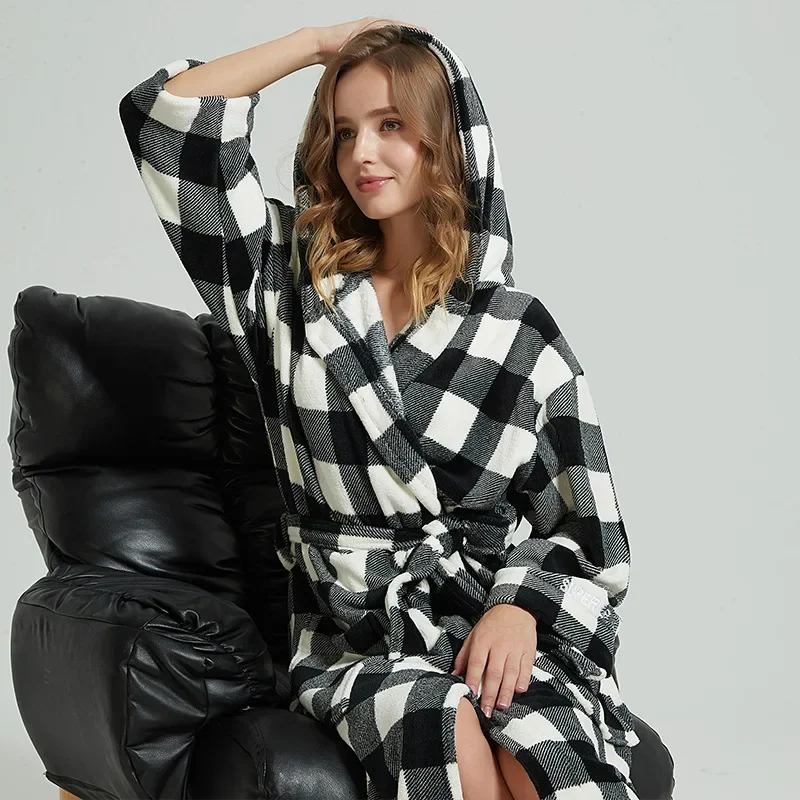 Winter Flannel Hooded Robe Female Nightwear Thicken Warm Bathrobe Kimono Gown Black White Checkered Sleepwear Sexy Lingerie