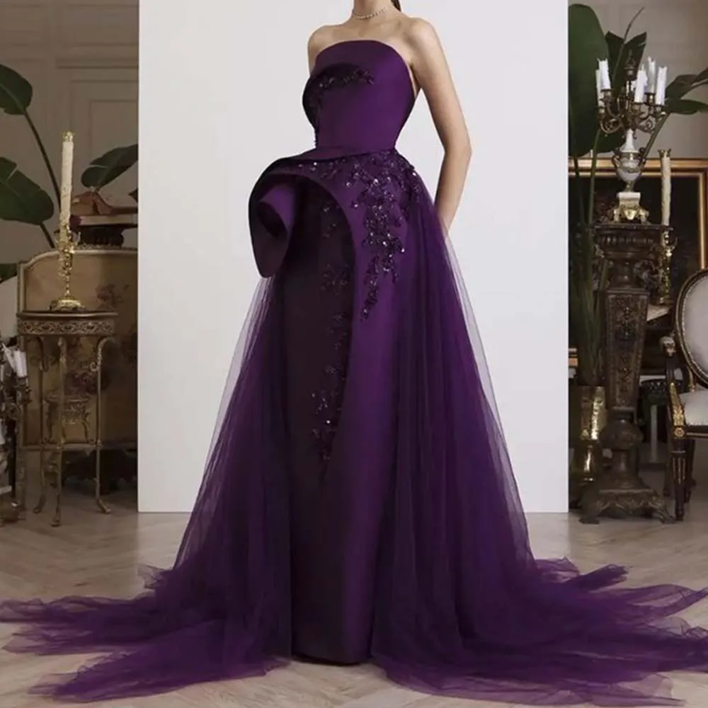 Luxury Purple Women Prom Dresses Strapless Floor Length Sleeveless Beading High-end Smart Female Evening Party Banquet Gowns