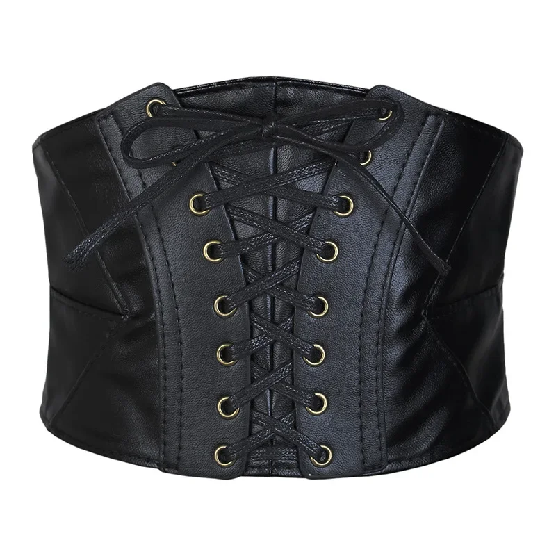 Women Corset Belt Gothic Hight Elastic PU Leather Female Lace-up Corset Belts Slimming Waist Vintage Corset Wide Waistband Belt