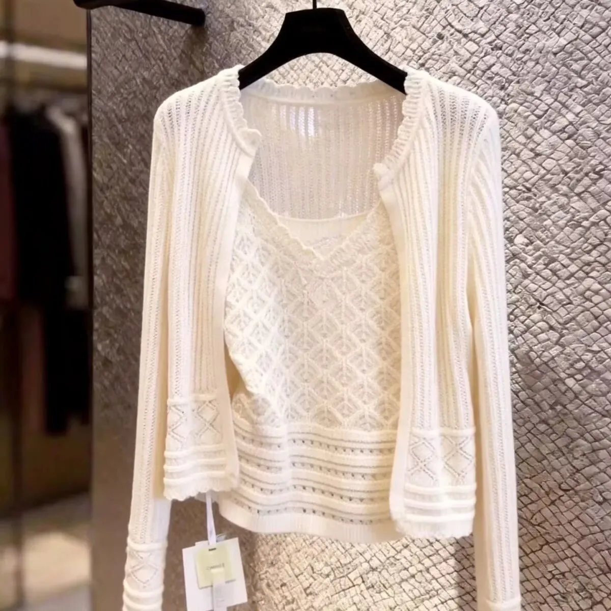 Fashionable Two-Piece Knitted Cardigan Tank Top Set Hollow Out Sun Protection Casual Wear Comfortable V-Neck Long Sleeve Clothes