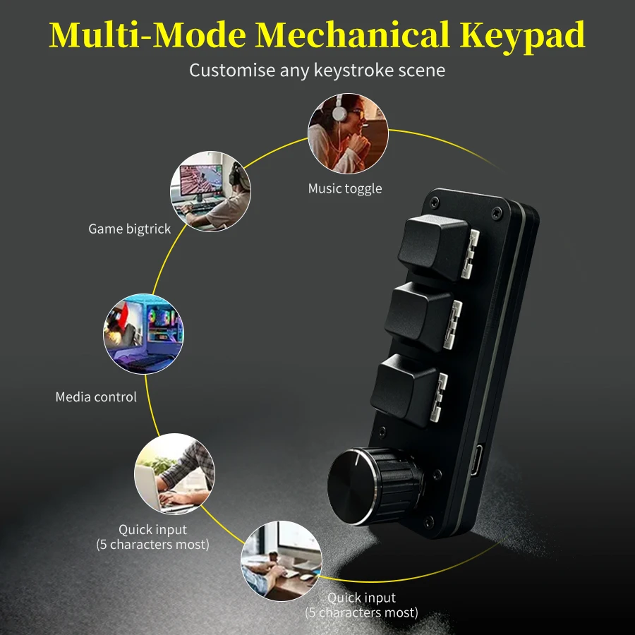 3-Key Programmable Keypad with 1 Knob Hotswap Mechanical Macro Keyboard USB C for Gaming Music Media Control Compatible with Win