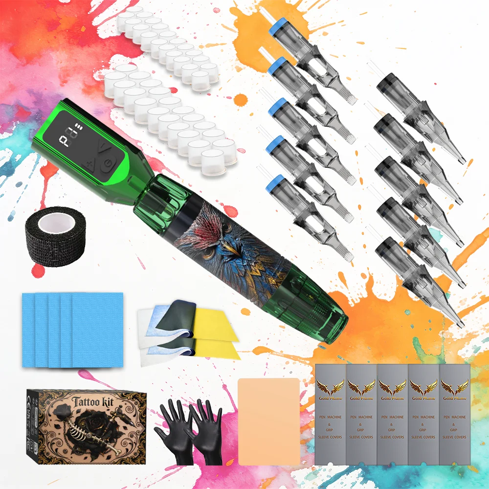 

Goldplume Wireless Tattoo Pen Set (Green Owl) - a Complete Rotating Tattoo Machine Kit, Including a Syringe-Style Needle, Practice
