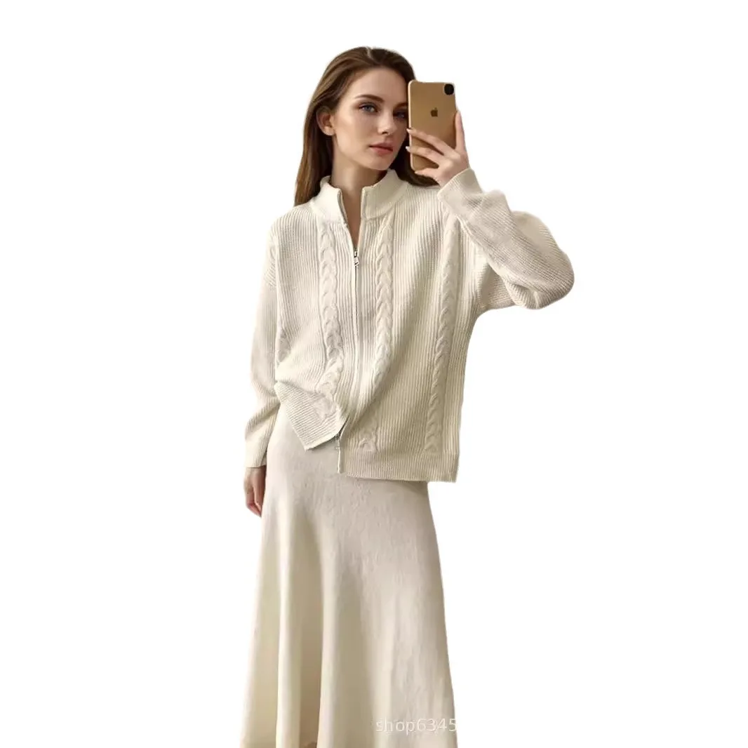 Temperament Solid Color Knitted Skirt Two Piece Set Women Zipper Cardigan Coat A-line Skirts 2 Piece Sets Elegant Lady Knitwear