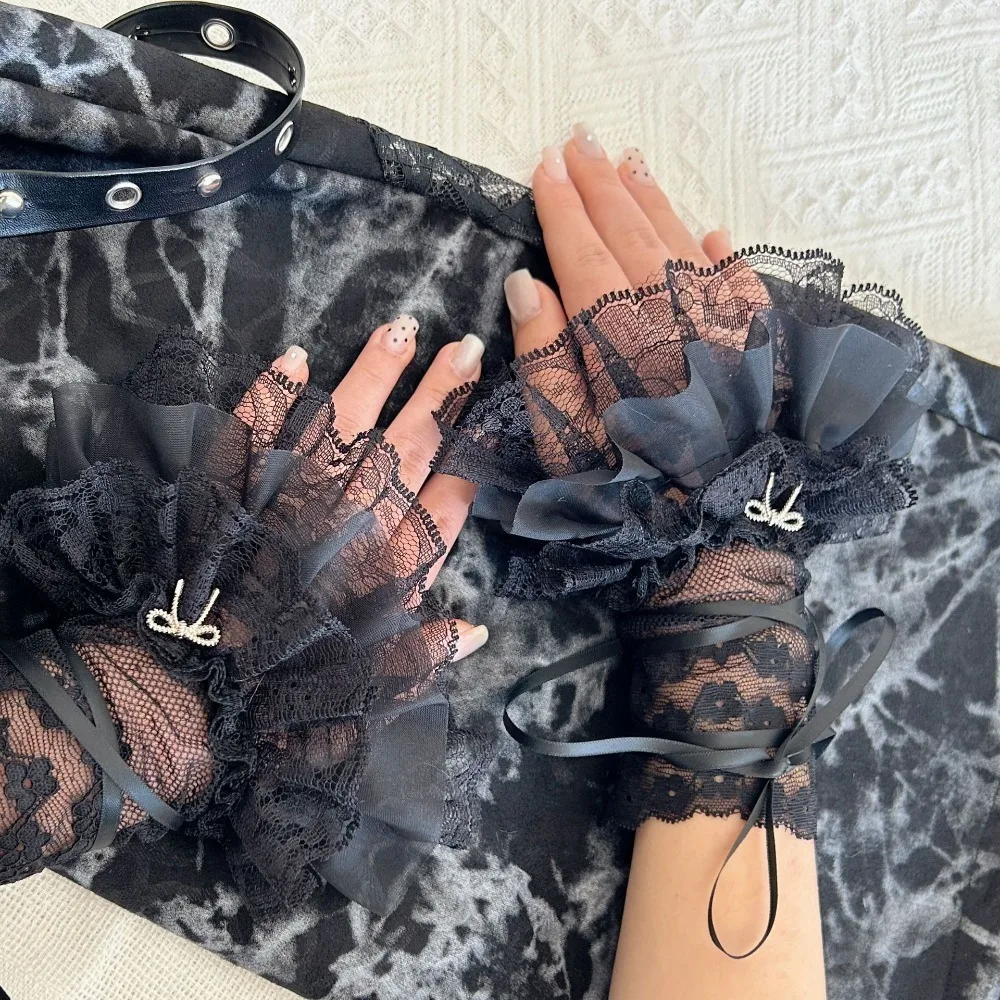 

Streetwear Elastic Strappy Bow Gloves Elegant Sleeves Lace Fingerless Oversleeve Sweet Balletcore Ruffled Wrist Cuffs Gothic