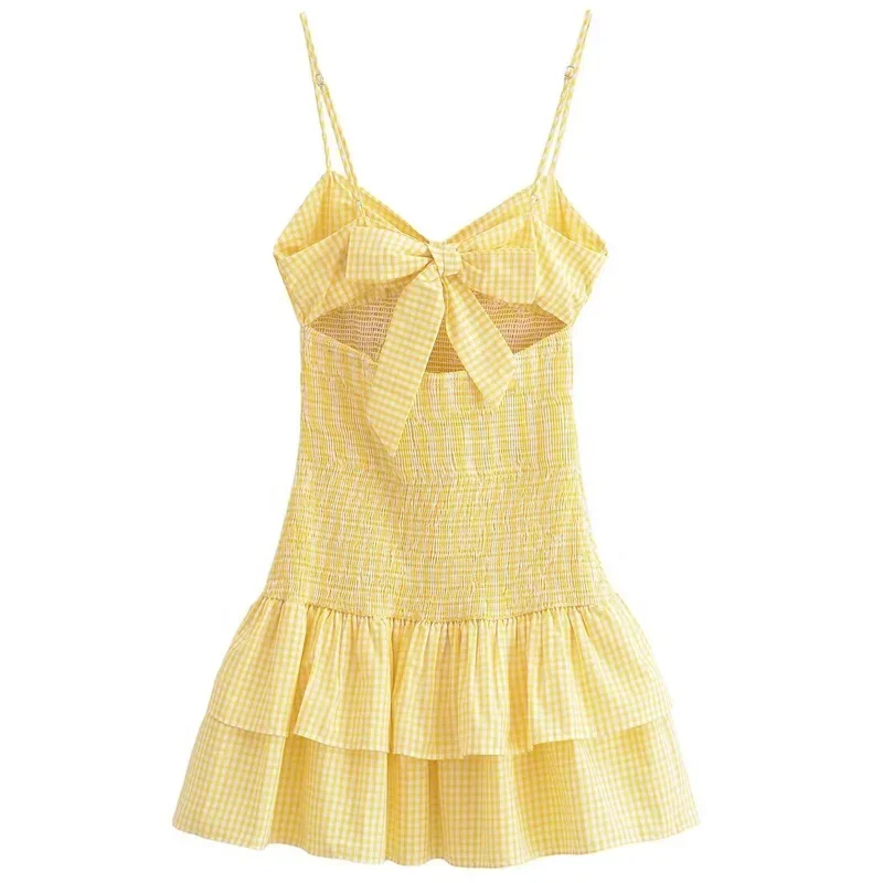 TRAF Yellow Plaid Mini Dress Woman Pleated Corset Slip Dress Bow Backless Sexy Short Dresses Women Ruffle Bodycon Beach Dress