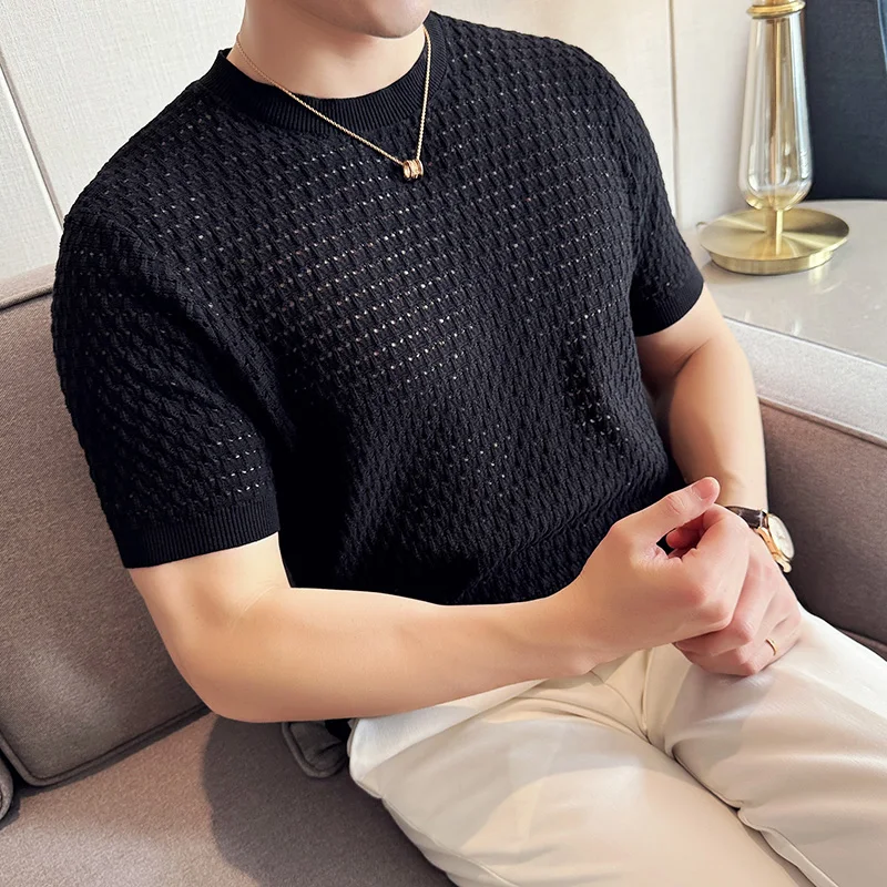 Summer Ice Silk Hollow Knitted T-shirts Men Round Neck Short Sleeve T-shirt Men\'s Elastic Round Neck Casual Business Tee Tops