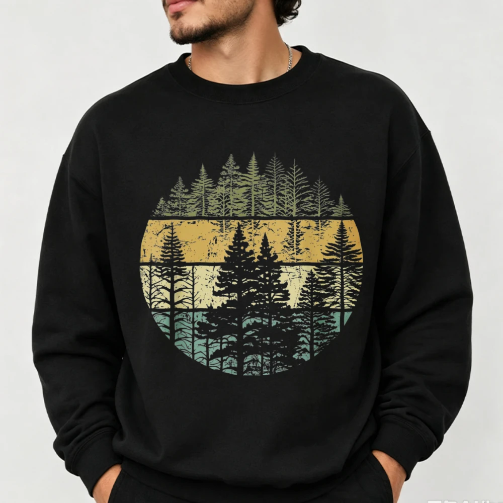 Vintage Retro Forest Pine Tree Sunset Graphic Sweatshirt Nature Wilderness Outdoor Hiking Print Adventure Soft Casual Pullover