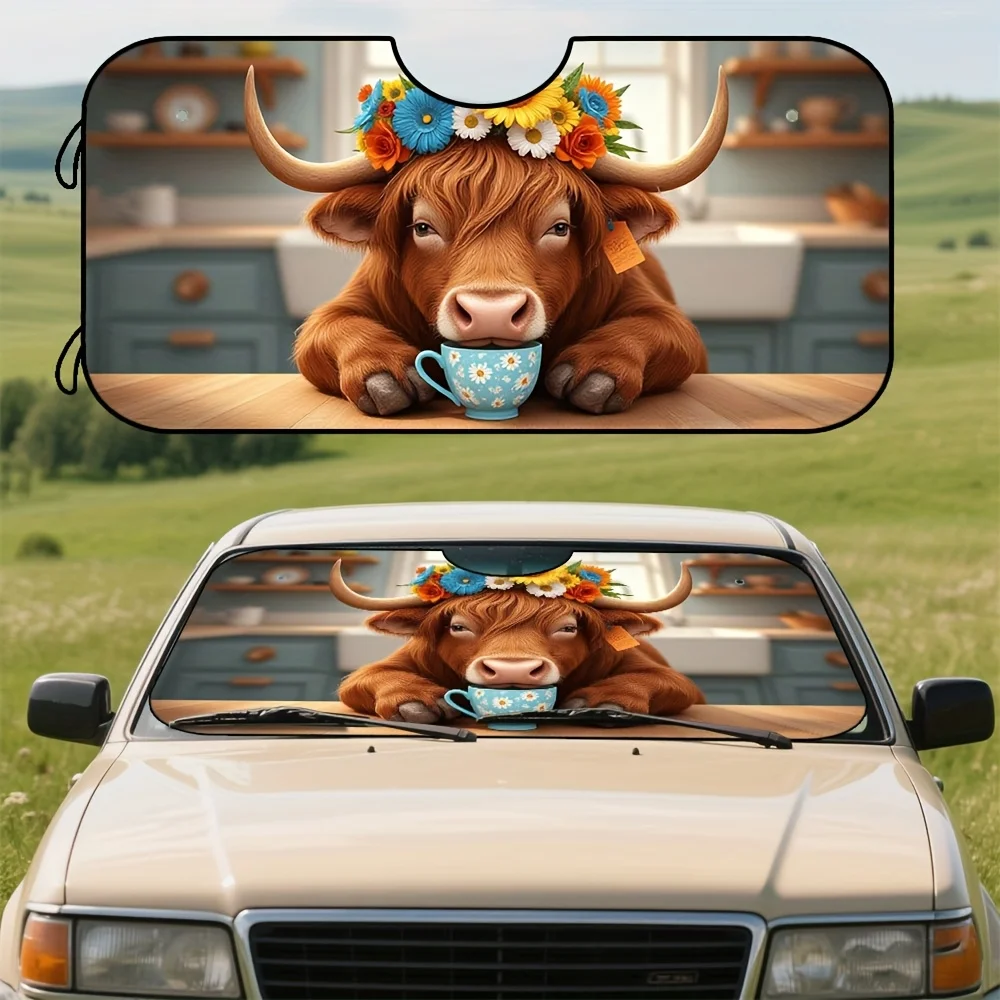 1pc Cattle Pattern Foldable Car Sunshade - Polyester Fiber Fit Sunshade With Cute Cow & Floral Teacup Design, Heat & Glare Reduc