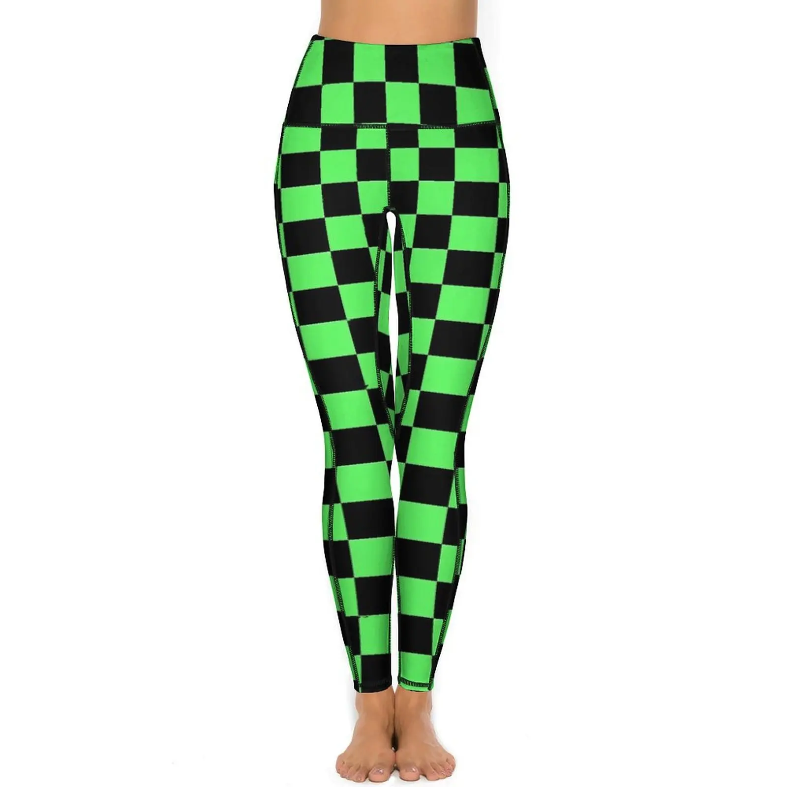 Check Print Leggings Sexy Black and Green Workout Gym Yoga Pants High Waist Quick-Dry Sport Legging Pockets Vintage Leggins