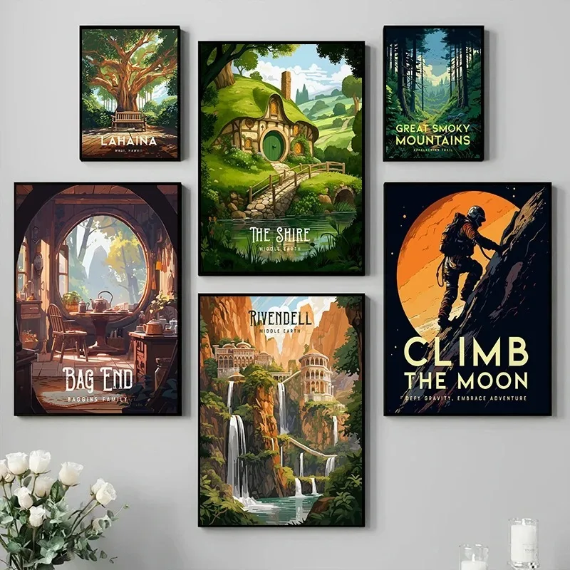 Retro Fantasy Worlds City Landscape Posters Prints Canvas Painting Wall Art Mars Hike Forest Castle Pictures for Room Home Decor