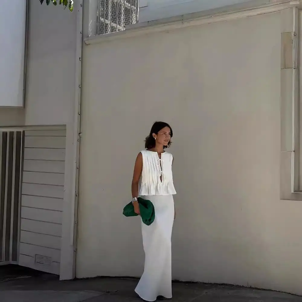 Breathable Cotton Linen Women's Shirt with Pleated Sleeve Ribbon Tie High Street Long Skirt Six Colors in Stock Cross Border ...