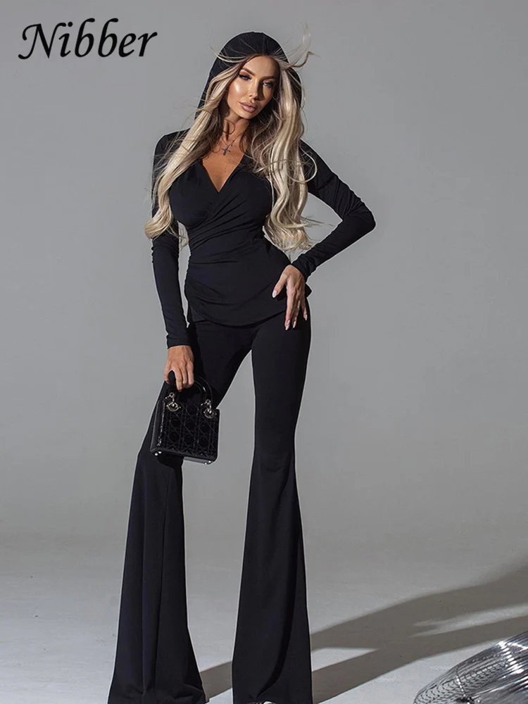 Nibber Pleats Elegant 2 Piece Set Women Hooded Low-Neck Long Sleeve Top+Solid Flared Pants Matching Casual Simple Trend Suit