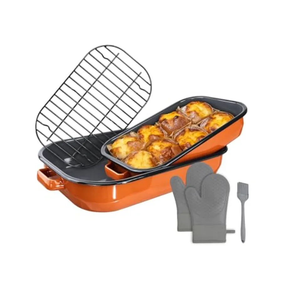Enamel Turkey Roasting Pan with Rack Set and Lasagna Pan, 14 17, Orange, non-stick and oven-safe up to 500F