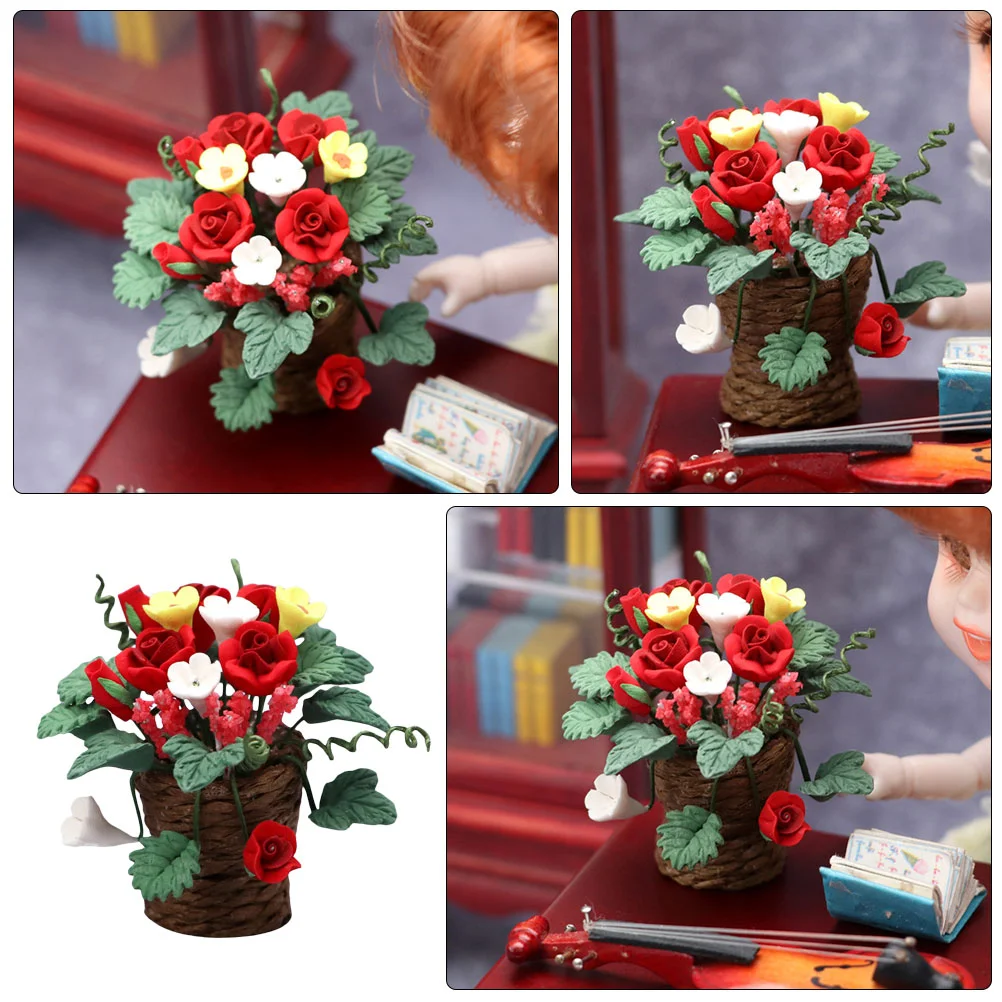 Indoor Plants Dollhouse Red Rose Mini Planter Decor Miniature Flower Pot Ornaments Decorate Decoration Floral Rosy Scene