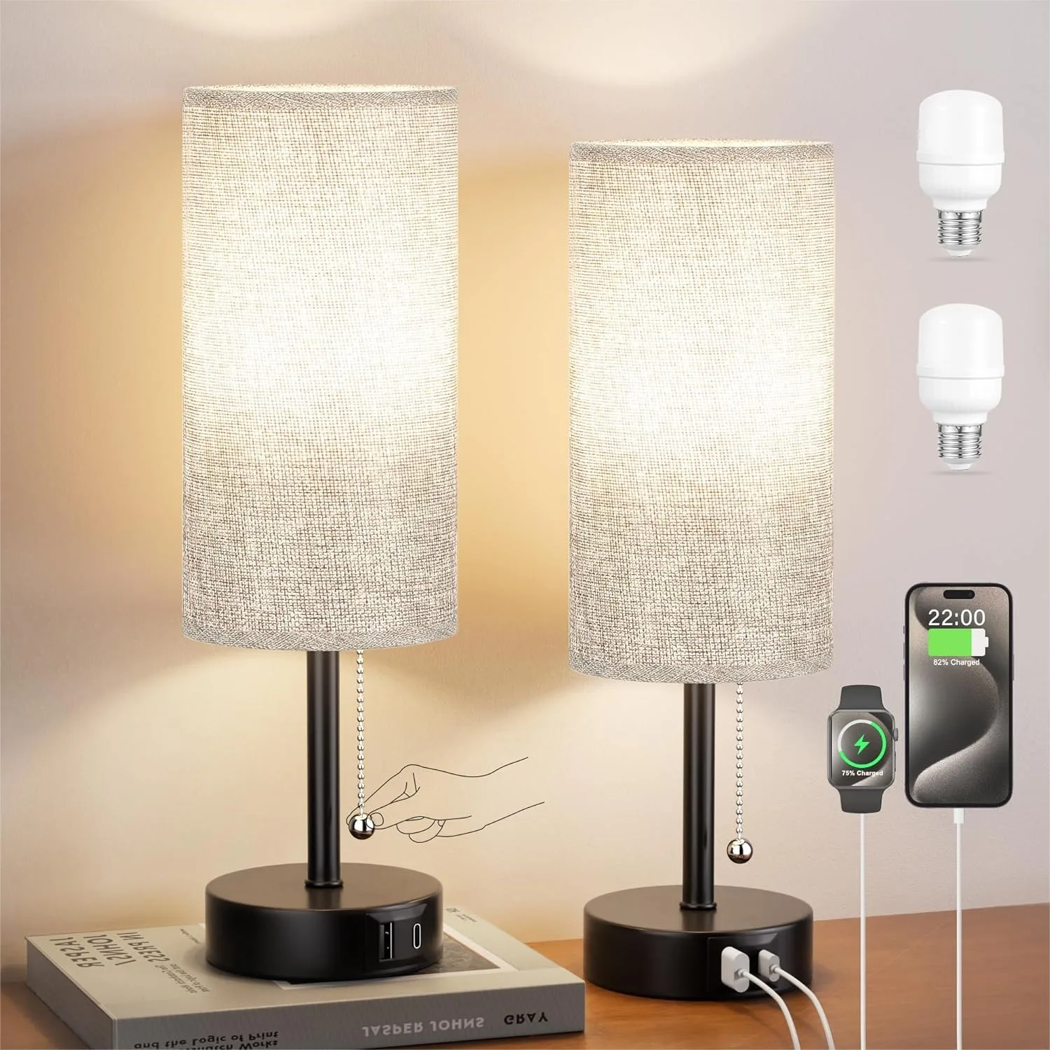 

Grey Bedside Lamps Set of 2 with USB A+C Charging, 3 Color Temperatures Pull Chain Nightstand Light for Bedroom Living Room