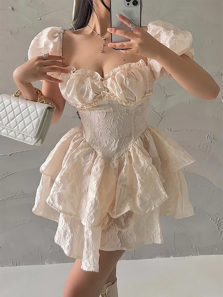 REDDACHiC Medieval Retro Princess Puffy Dress Off-shoulder Short Sleeves Jacquard Layered Ruffle Cake Miniskirt Desire One-piece