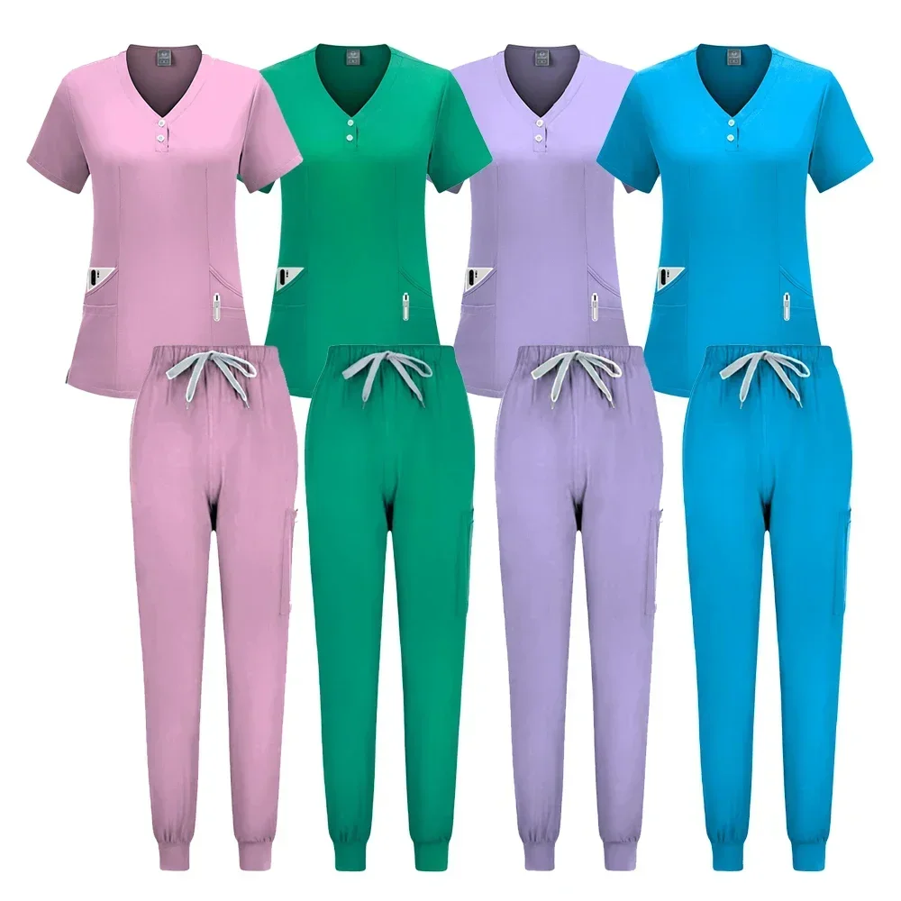 Seragam Bedah Set Scrub Wanita Pakaian Kerja Salon Kecantikan Perawat Medis Atasan Scrub Klinis + Celana Setelan Tunik Perawatan Dokter Spa