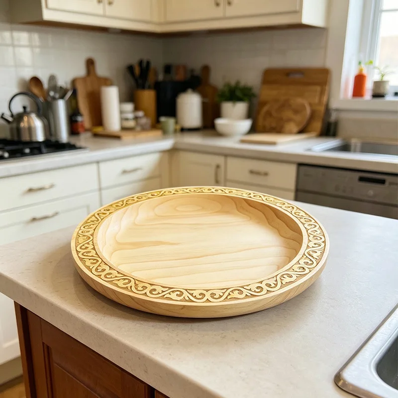 DSA Crafts Features Chinese Pattern Exquisite Carving Household Round Wooden Plate