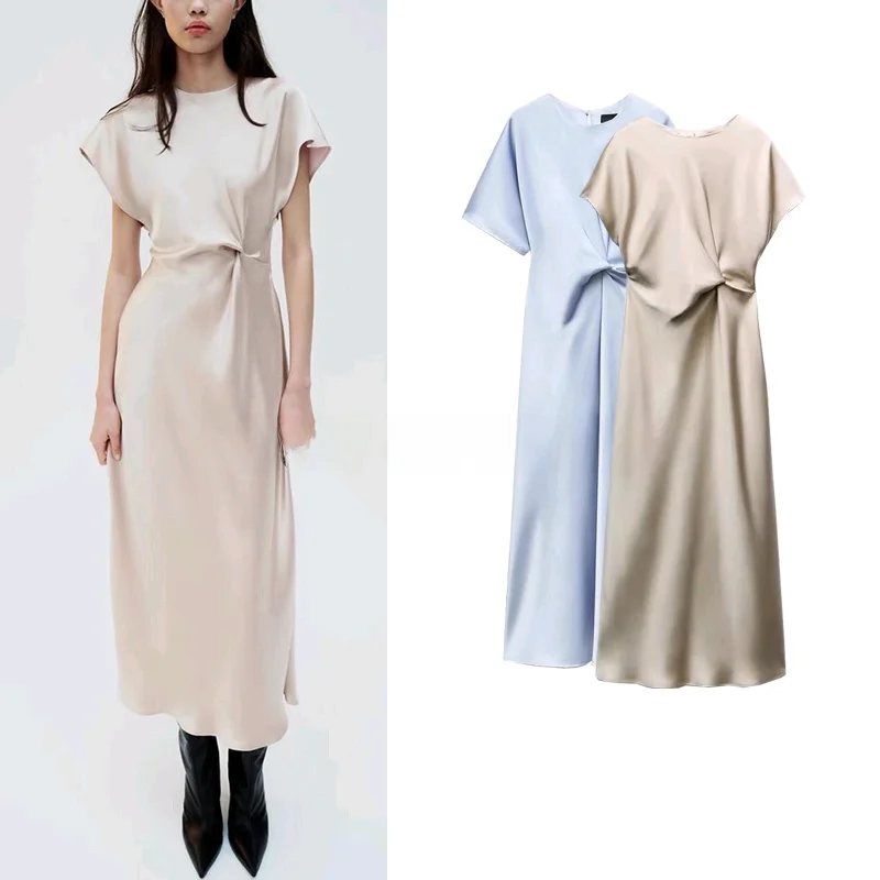 エレガントな無地シルクサテン風ワンピース 春夏新作 レディースファッション ハイウエストAラインスカート 通勤スタイル