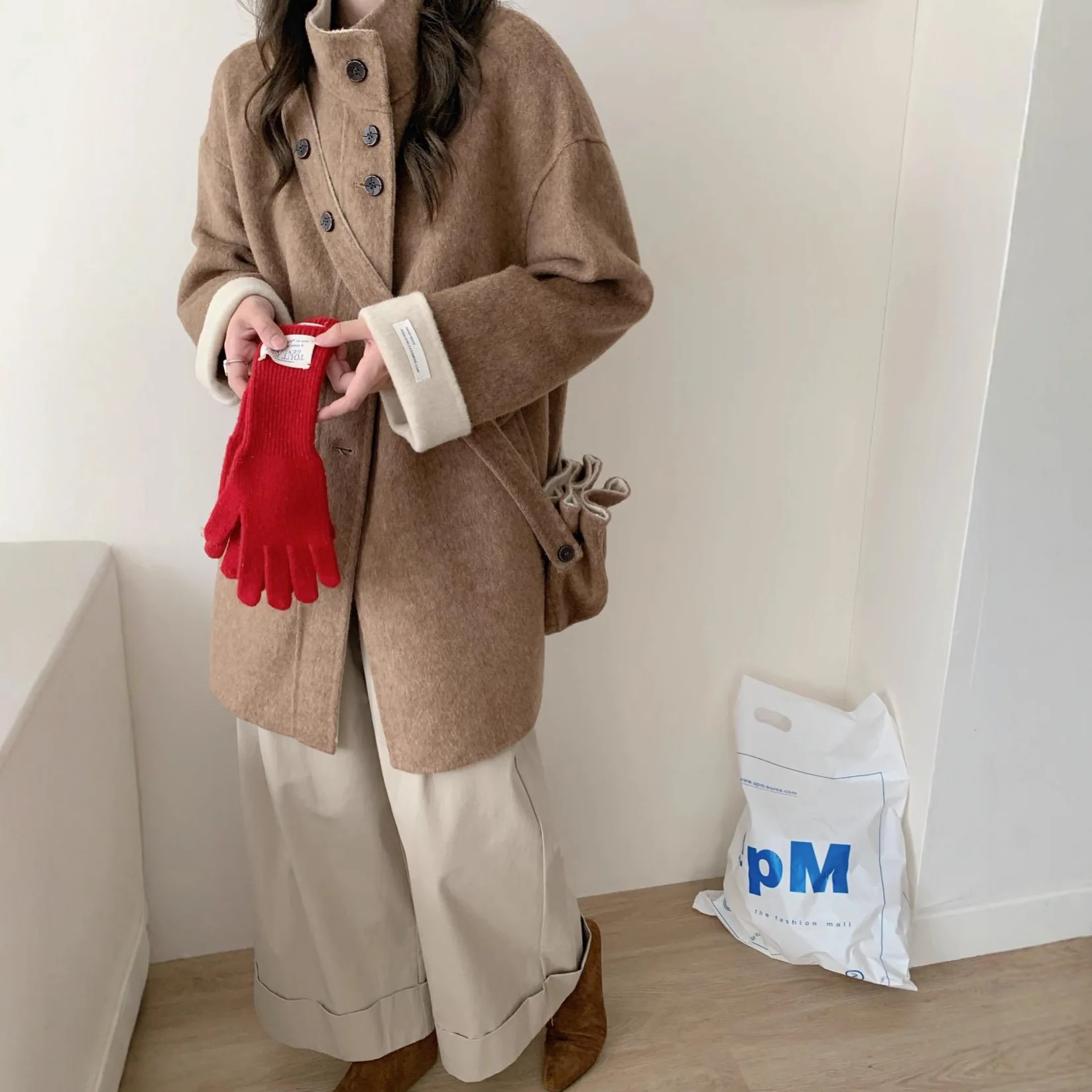 Dwustronny płaszcz wełniany z długim stójką, jesienno-zimowy, damska torebka crossbody, nowość, ocieplany zimowy...